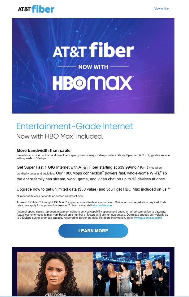 AT&T Fiber, HBO Max Upsell