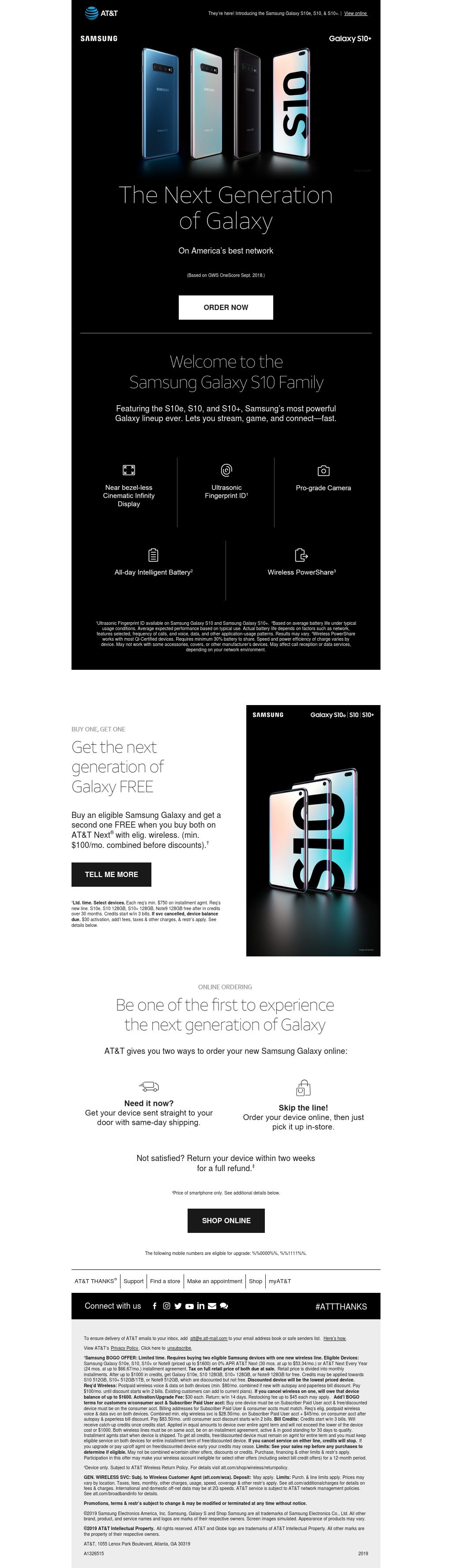 AT&T Samsung Galaxy S10 Launch BOGO Email