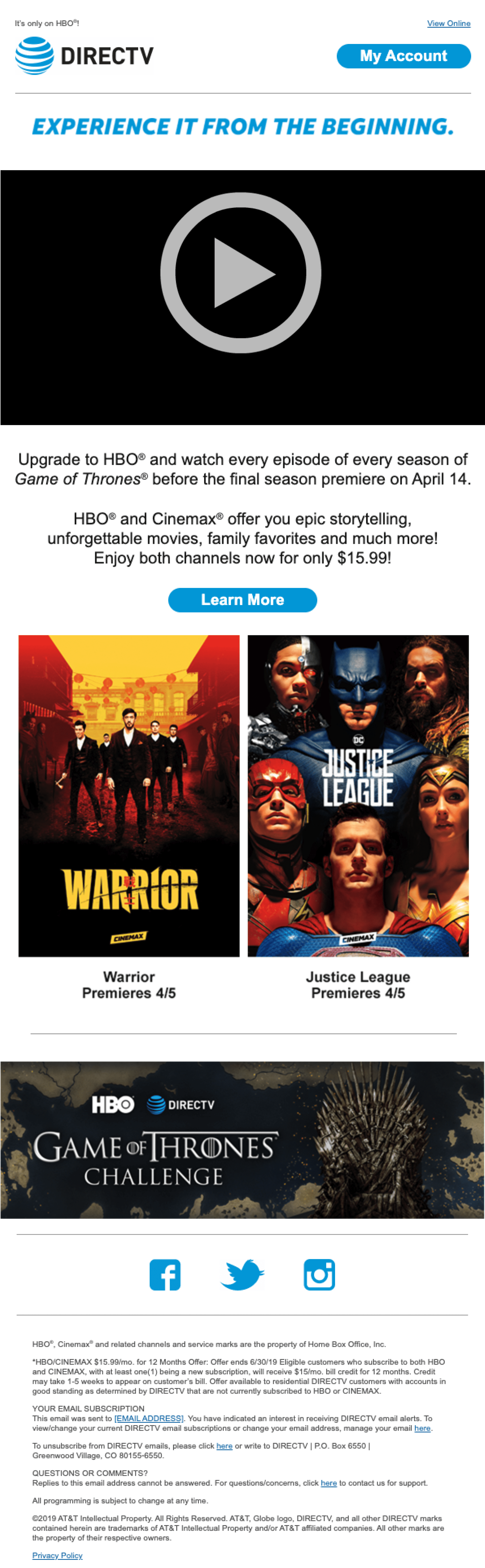 DirecTV HBO & Game of Thrones Email