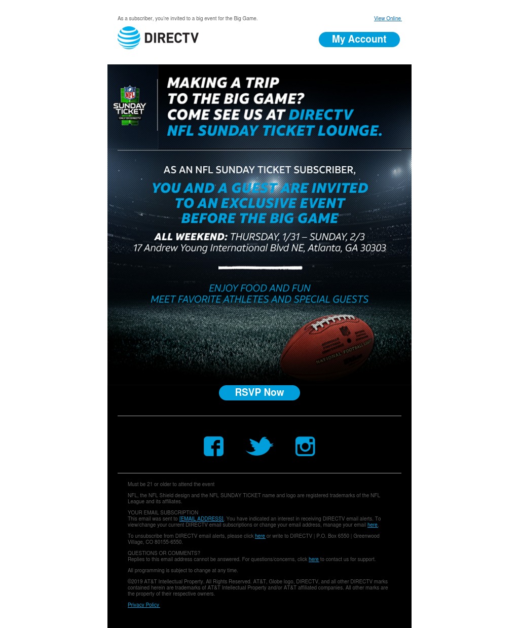 DIRECTV marketing email, promoting NFL Sunday Ticket.