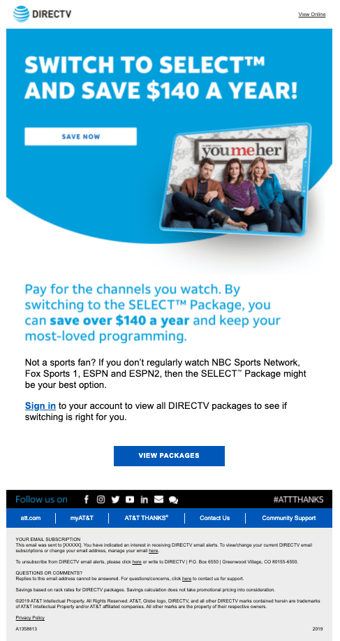 DirecTV Television Content Upsell Email