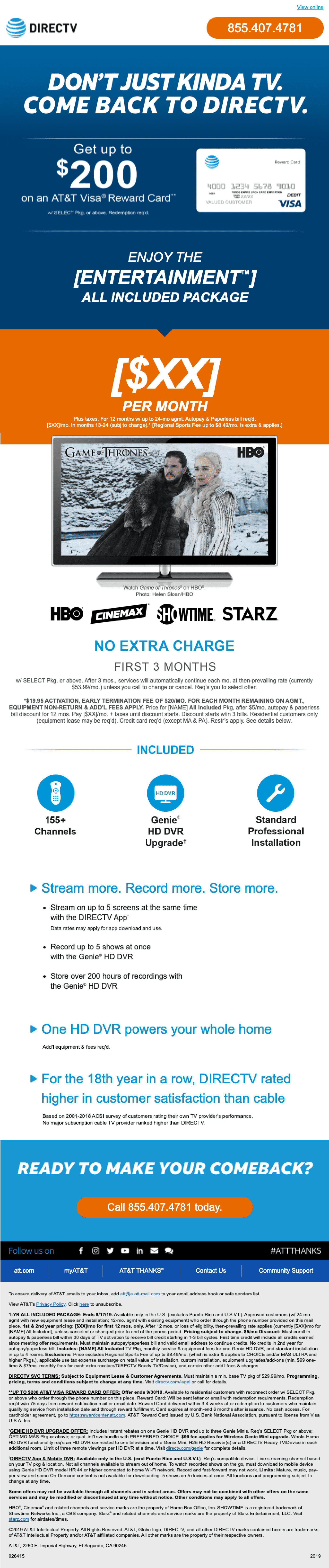 DirecTV Upsell Credit Card Email