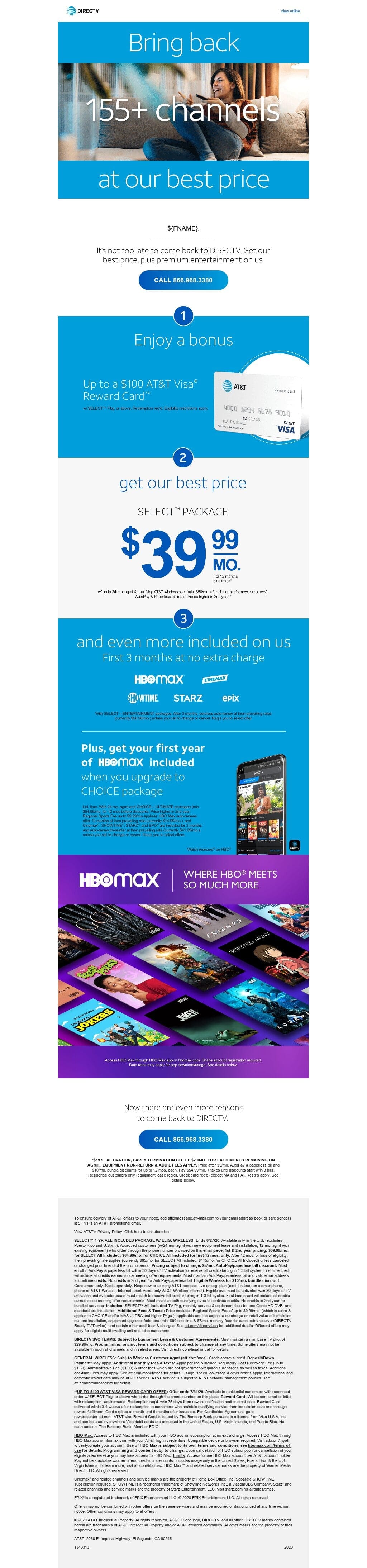 DirecTV Win-Back Offer with $100 Reward Card